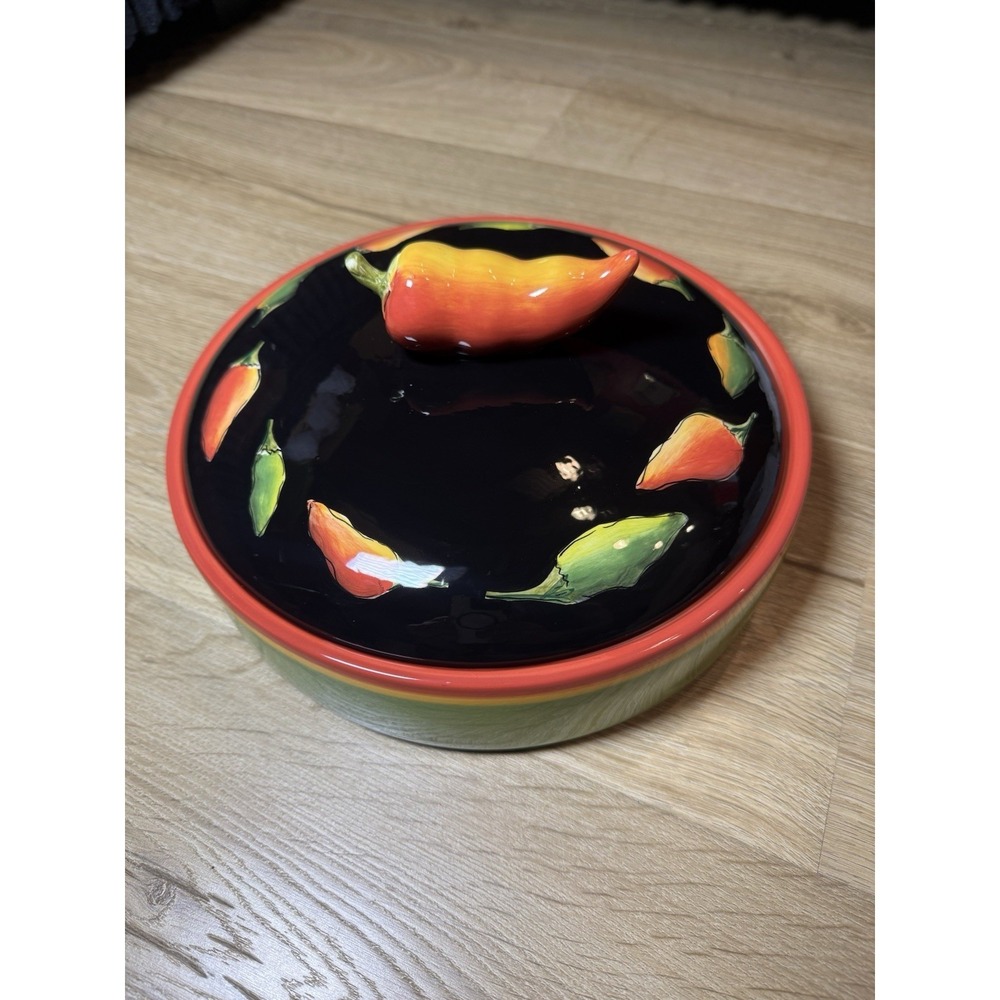 Clay Art Fiesta Yellow Green Red Peppers Black Lidded Covered Tortilla Warmer - Picture 6 of 10